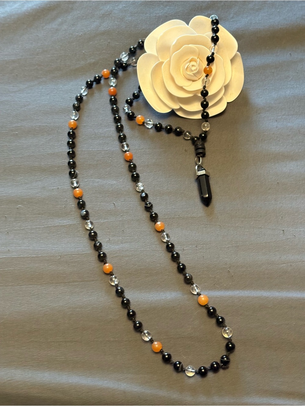 Handcrafted Black Obsidian, Clear Quartz & Orange Calcite Mala